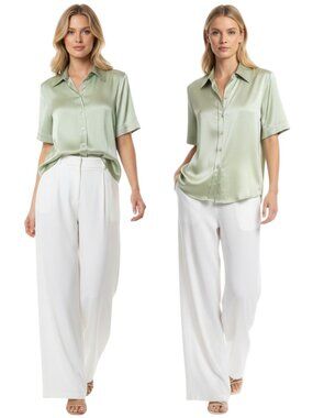 L’AGENCE Ellah Silk Blouse Olive Satin Button Front S